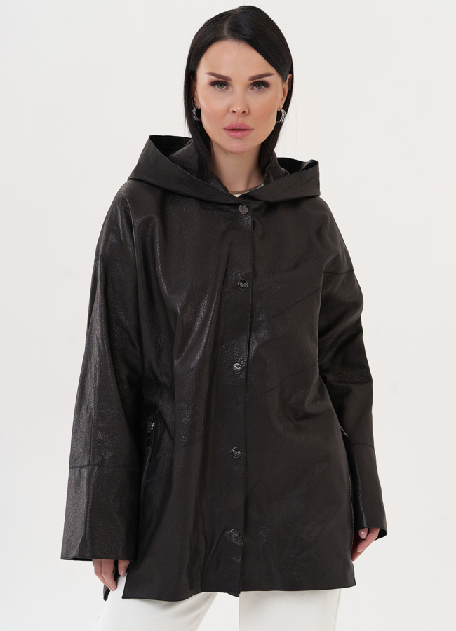 Удлиненная куртка из натуральной кожи с капюшоном модель № 27144 меха малина