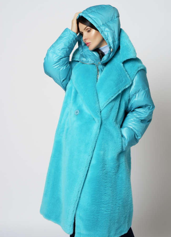 Пальто трансформер из эко меха голубого цвета модель № 21553 универмаг малина