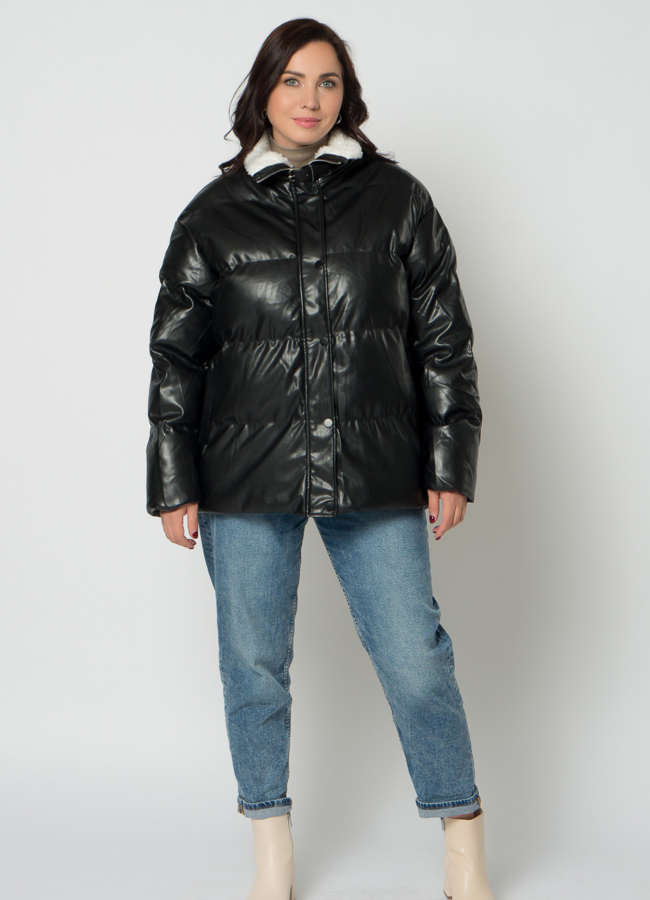 фото Куртка из эко кожи черного цвета с воротником стойкой модель № 21712