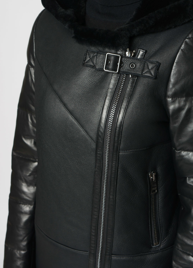 Пуховик из натуральной кожи с отделкой дубляж на молнии с капюшоном модель № 2095 в рассрочку