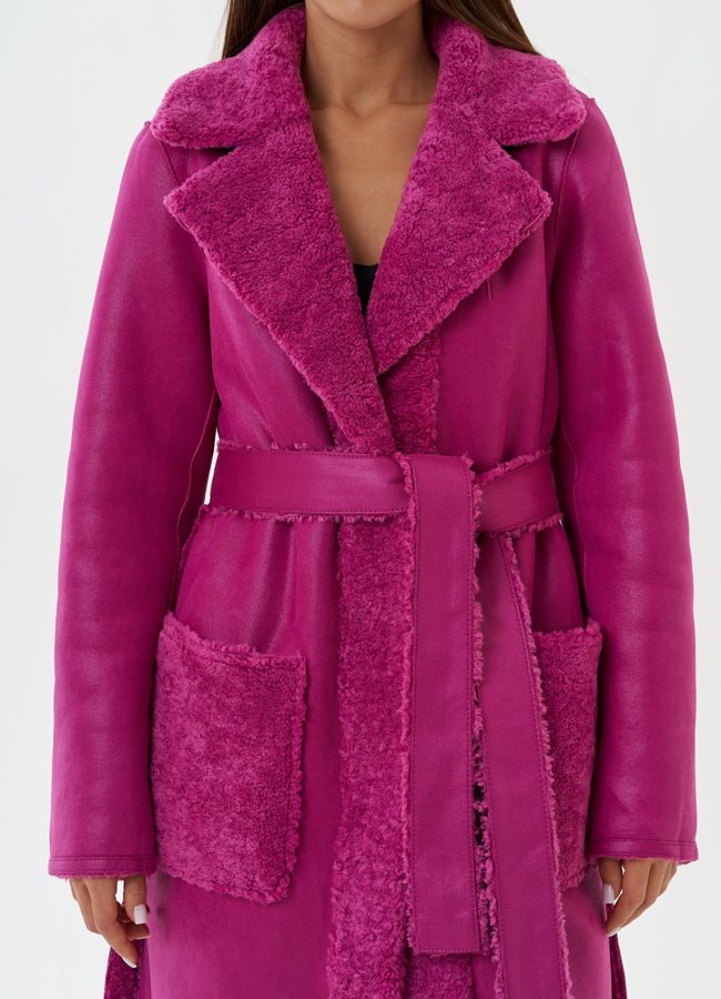 Двухсторонняя эко дубленка с поясом модель № 27779 в рассрочку