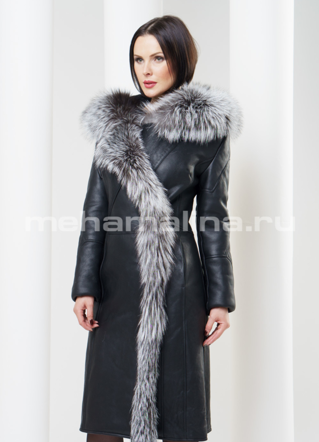 Дубленка с капюшоном, черного цвета модель № D-138 в рассрочку
