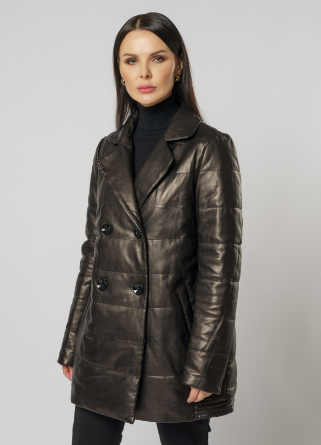 фото Кожаный пуховик с английским воротником на пуговицах с меховой отделкой  модель № 903