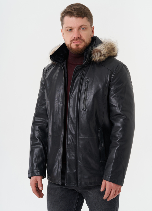 Пуховик из эко кожи с мехом енота модель № 27741 универмаг малина