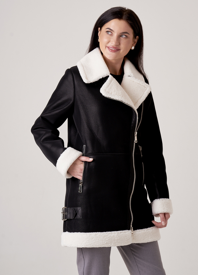 Удлиненная дубленка авиатор черного цвета модель № 18812 универмаг малина