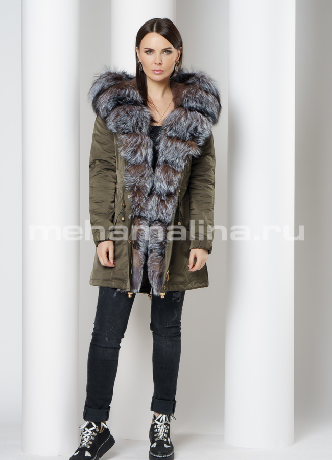 фото Укороченная парка в цвете хаки, отделка блюфрост модель № 08