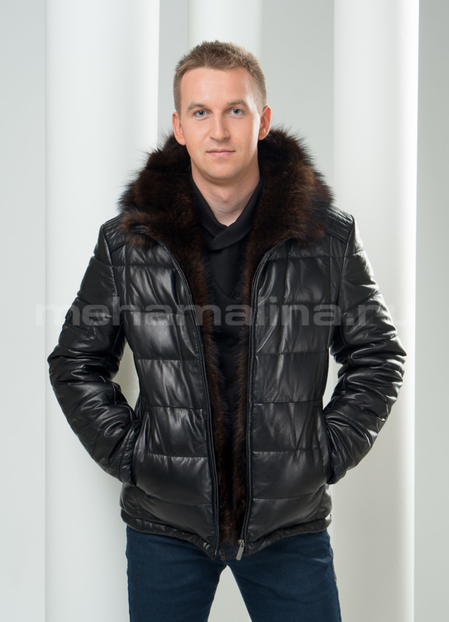 Кожаный пуховик с капюшоном модель № ПМ-46 меха малина