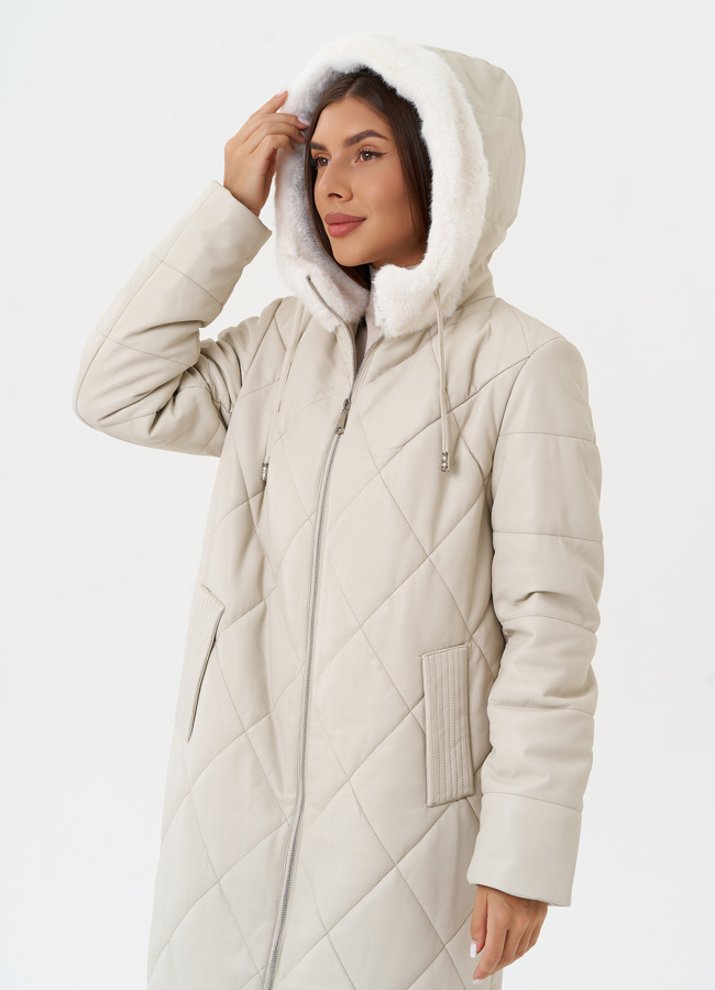 Женский стеганый пуховик из эко кожи с капюшоном модель № 27731 универмаг малина