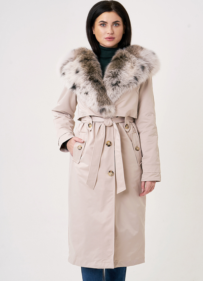 Бежевая удлиненная парка с песцом модель № 69121 меха малина