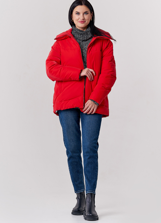 Пуховик красного цвета с воротником стойкой модель № 21896 универмаг малина