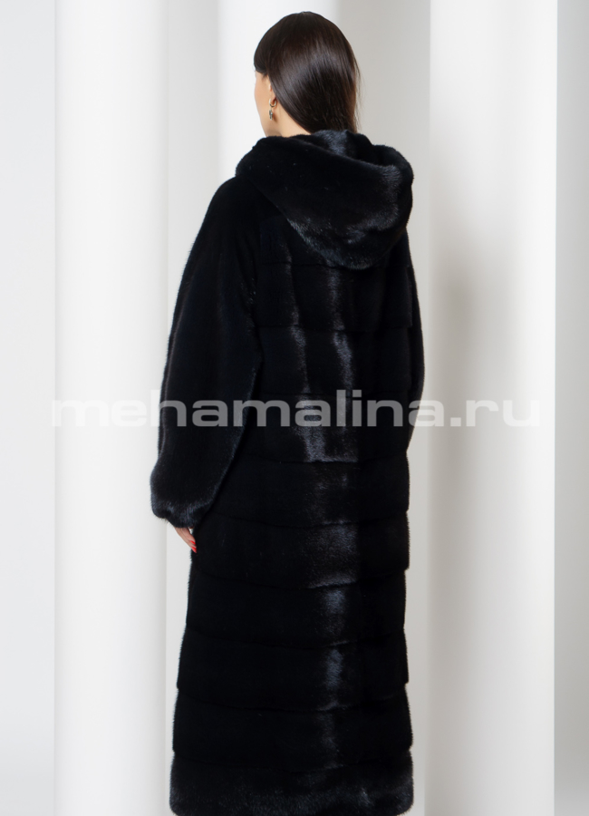 Норковая шуба с капюшоном темно-синего цвета модель № S-725 в рассрочку