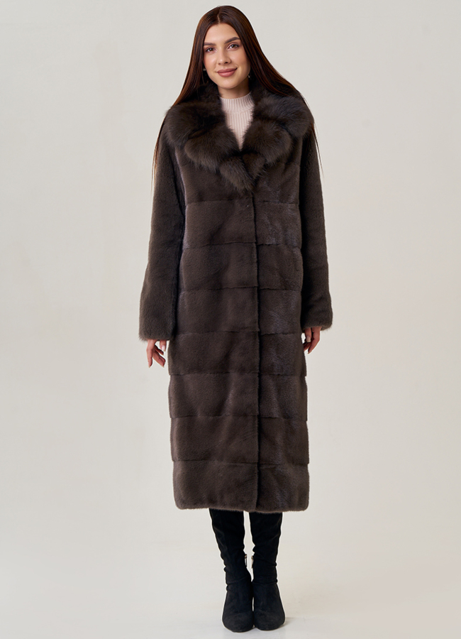 Длинная шуба из норки с куницей модель № 2202 универмаг малина