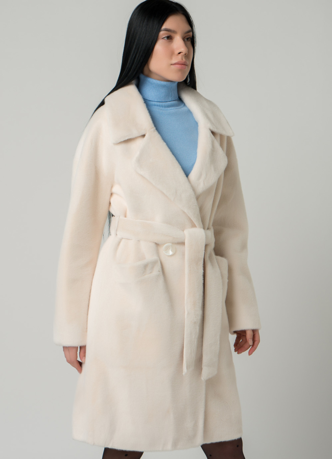 Светлое женское полупальто с поясом модель № 18302 универмаг малина