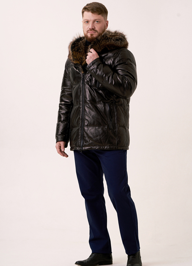 Пуховик из натуральной кожи черного цвета со съемным капюшоном модель № 9222 в рассрочку