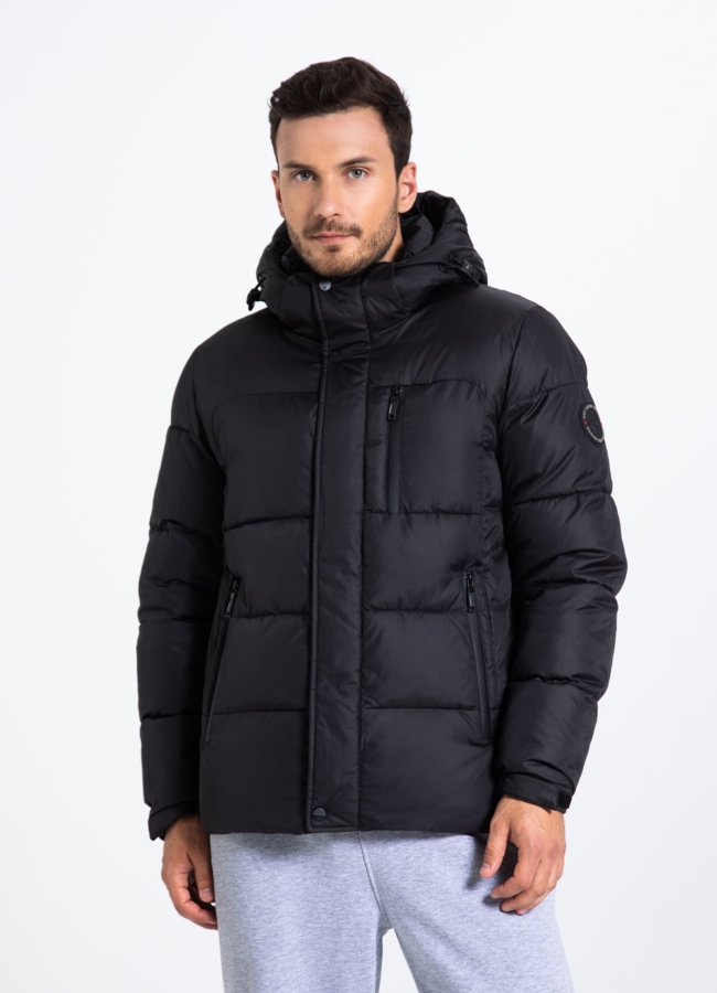фото Пуховик мужской черного цвета с капюшоном  модель № 25521