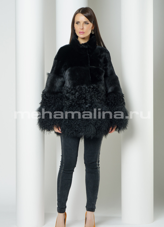 фото Укороченная дубленка черного цвета  модель № 3206