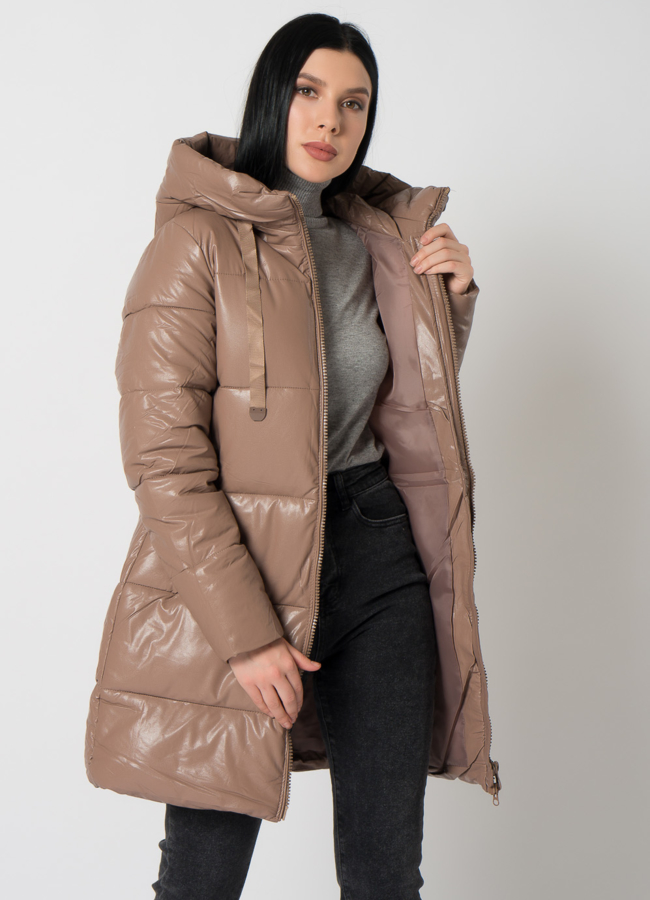 Пуховик из эко кожи с капюшоном модель № 2123 универмаг малина