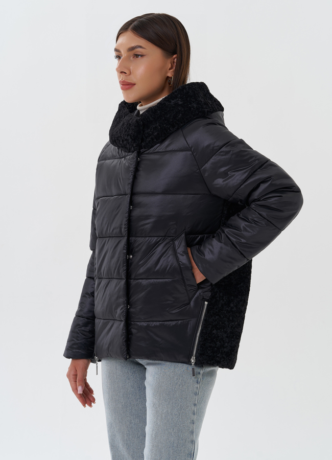 фото Комбинированный пуховик черного цвета с капюшоном модель № 27656