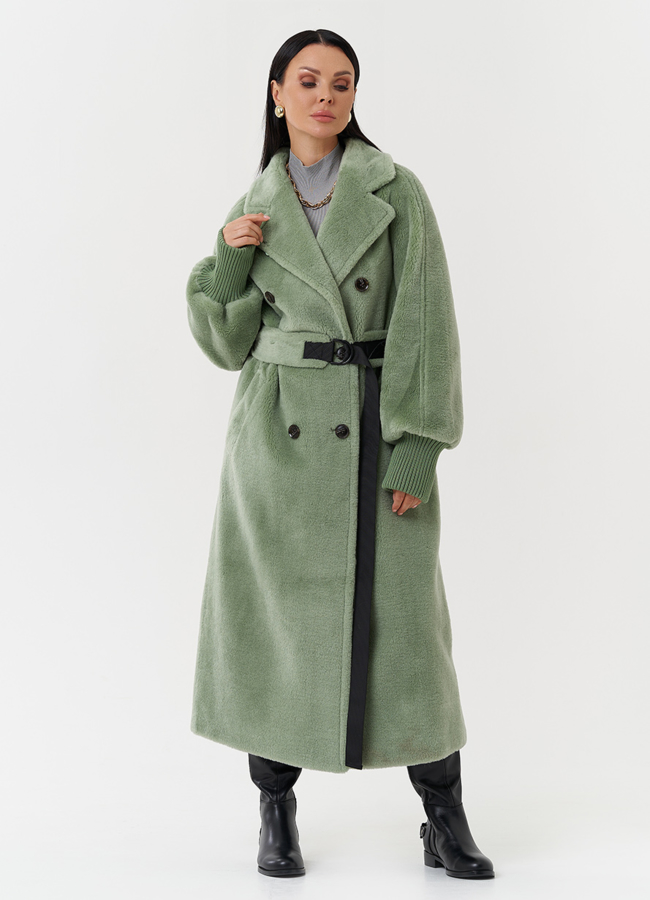 Яркое пальто из шерсти с поясом модель № 28541 в кредит