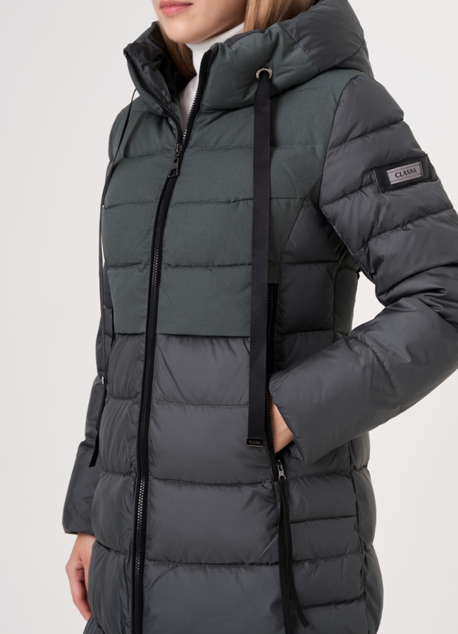 Пуховик серого цвета на молнии с капюшоном модель № 209 универмаг малина