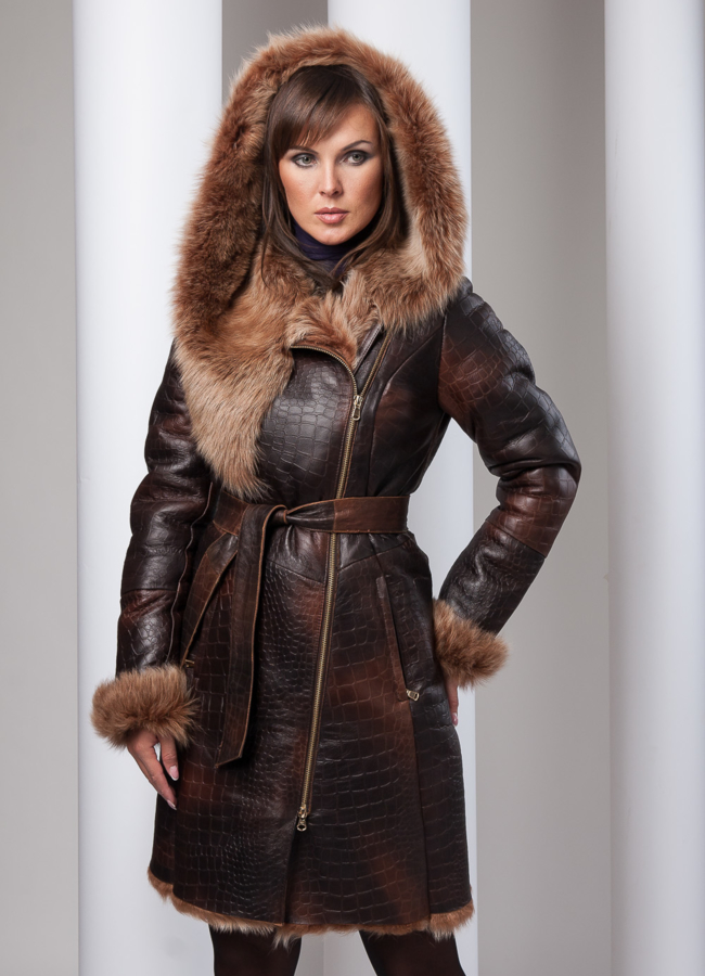 Дубленка таскана крокко  модель № D-53 меха малина