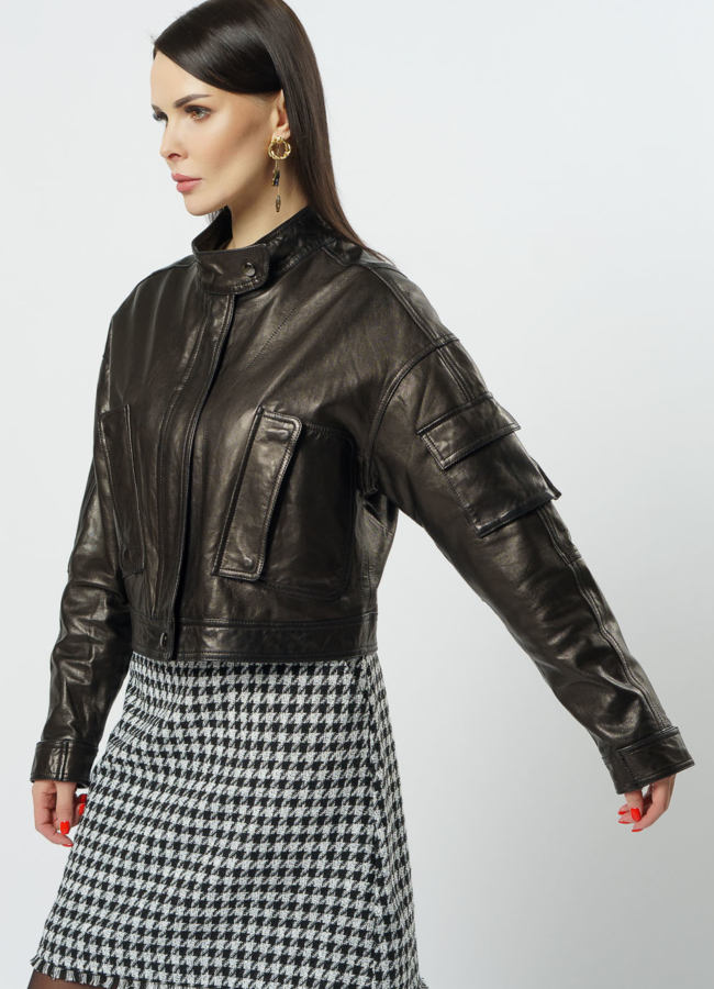 Укороченная женская куртка из кожи модель № 20495 универмаг малина