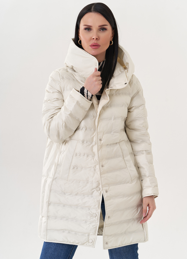 Светлое полупальто с капюшоном модель № 26873 в кредит