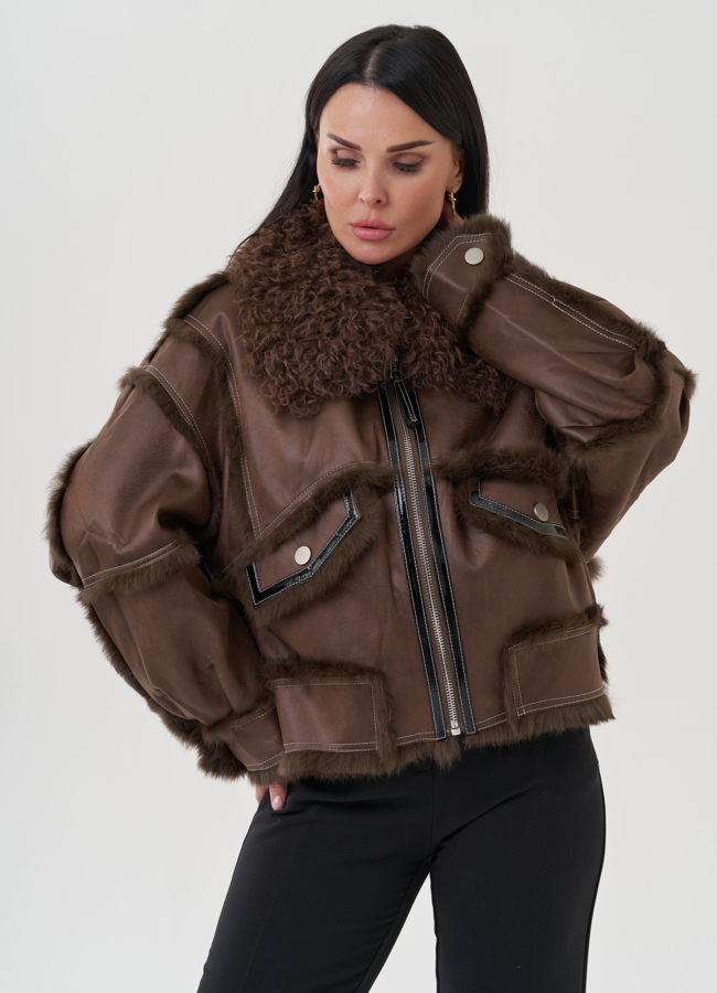 Куртка шоколадного цвета с мехом кролика модель № 25549 универмаг малина
