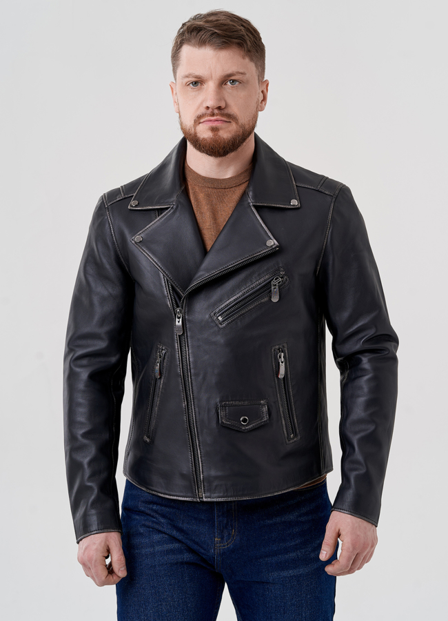 Мужская кожаная куртка - косуха модель № 24391 меха малина