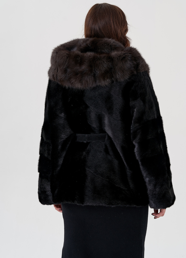 фото Укороченная шуба из норки с отделкой из куницы модель № 23985