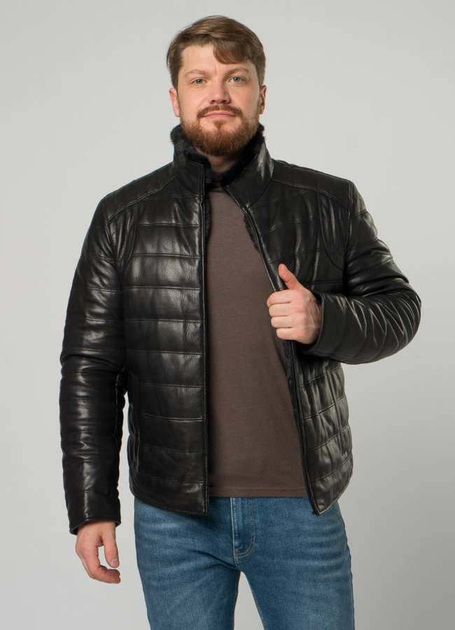 Мужской пуховик из натуральной кожи с воротником стойкой модель № 20025 универмаг малина