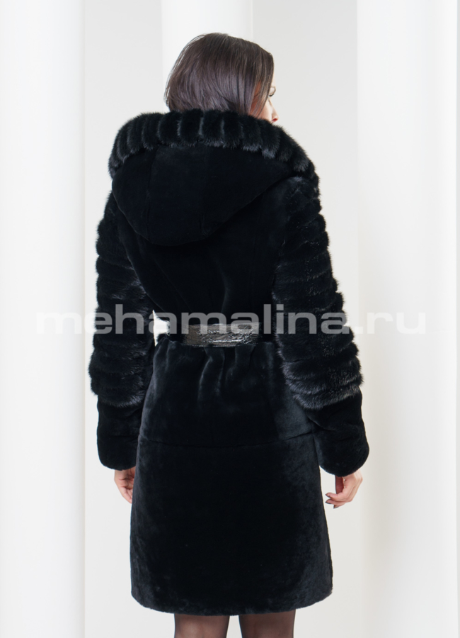 Шуба из мутона с норкой, цвет черный модель № S-319 в кредит