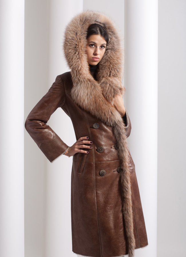 Дубленка с покрытием модель № D-35 меха малина