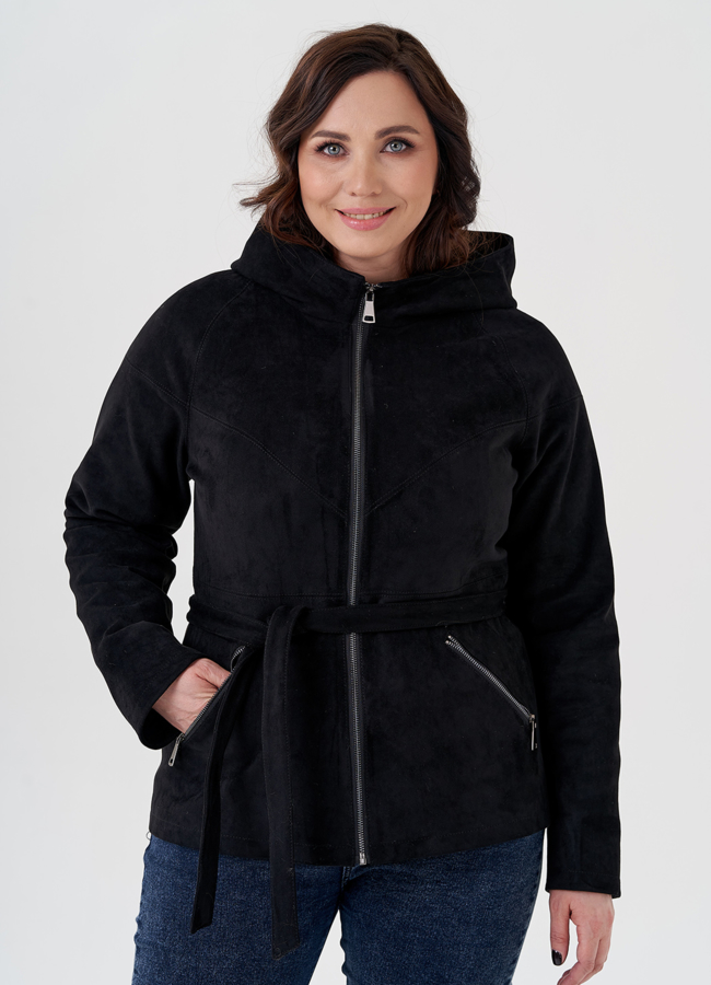 Куртка из эко замши утепленная с капюшоном модель № 24104 меха малина