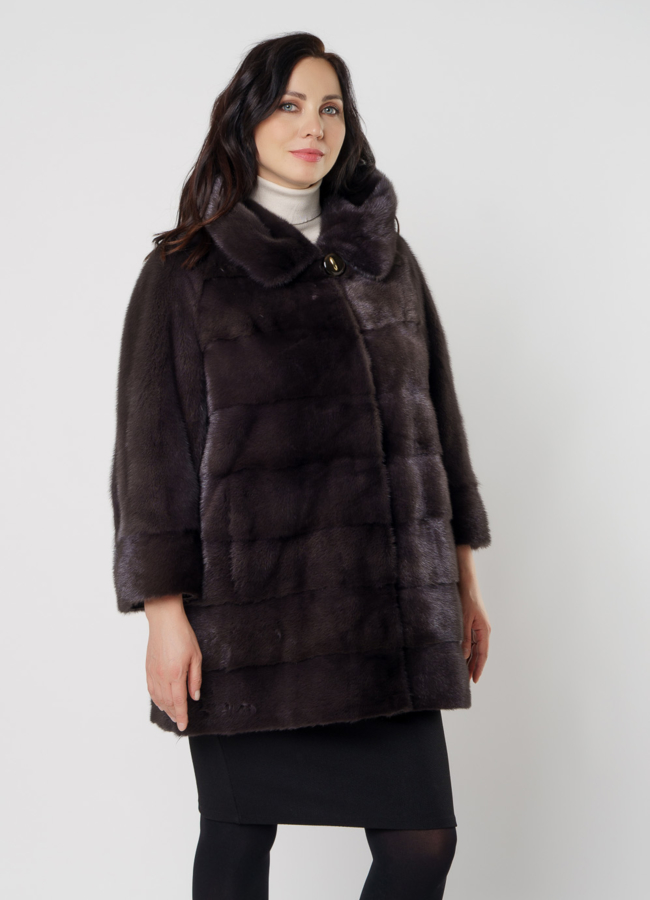 фото Поперечная норковая шуба в цвете уголь модель № 8010