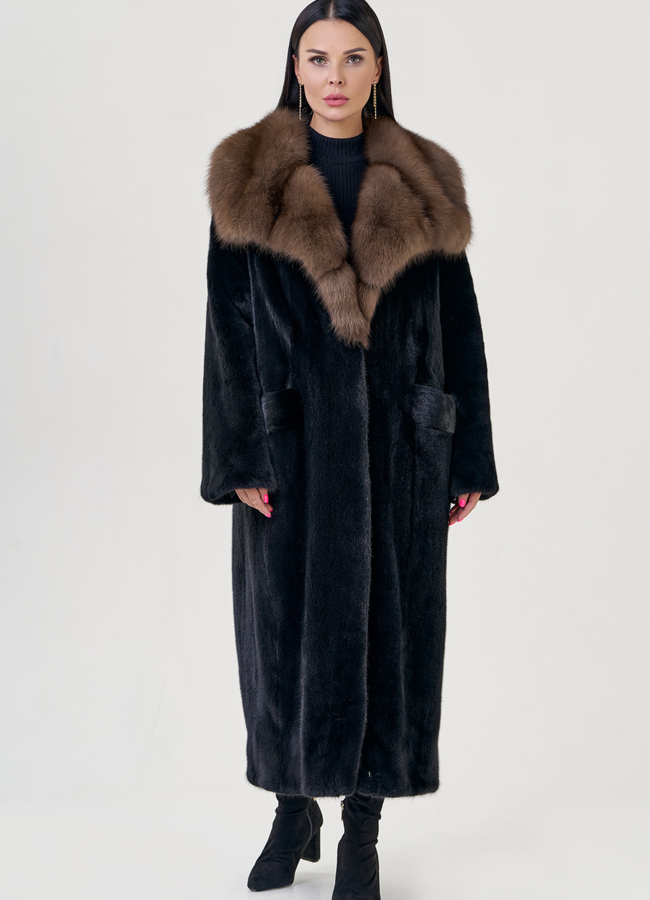 Длинная шуба  из скандинавской норки с куницей модель № 78741 универмаг малина
