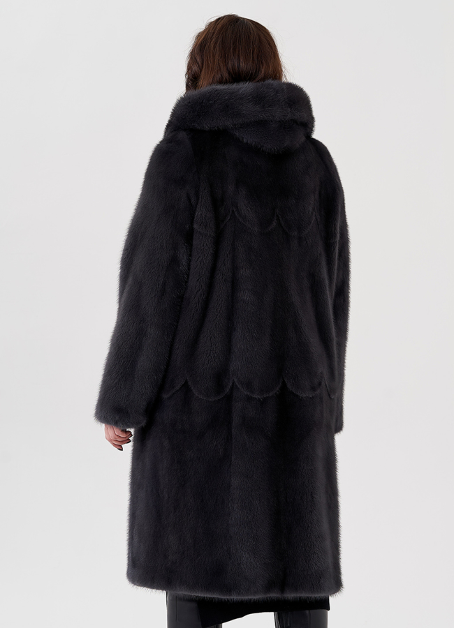 Длинная классическая шуба из норки с капюшоном модель № 23166 в кредит
