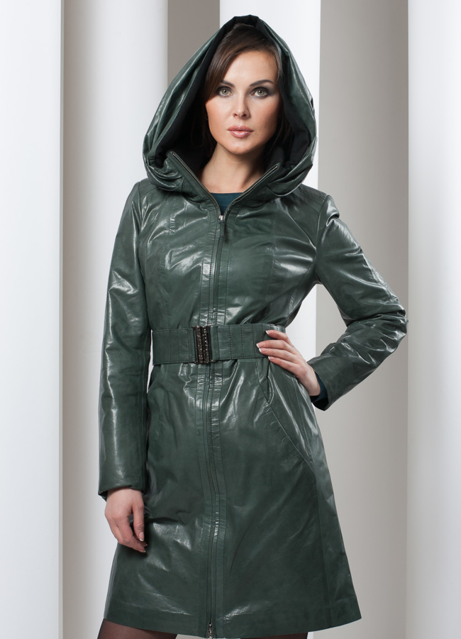 фото Кожаный плащ на молнии, цвет малахит модель № K-129