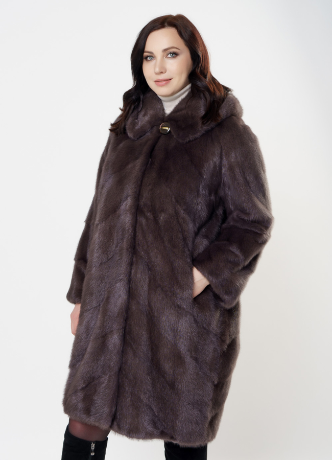 Шуба из норки с капюшоном модель № S-1003 меха малина