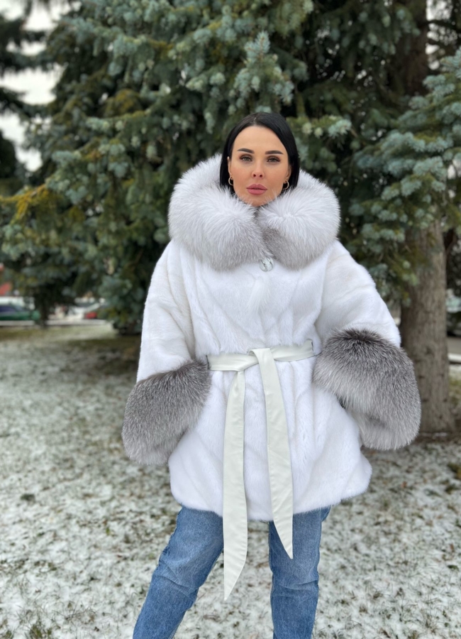 Норковая шуба с капюшоном отделка  из песца  модель № 79234 в рассрочку