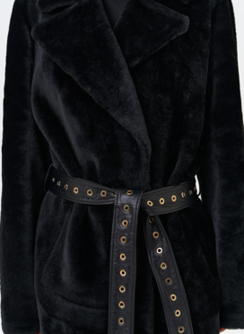 Женская натуральная дубленка с двойным поясом