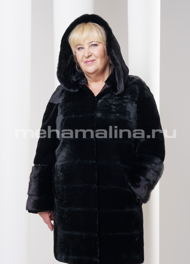 Шуба мутон с лазерной стрижкой, черная модель № S-277 меха малина