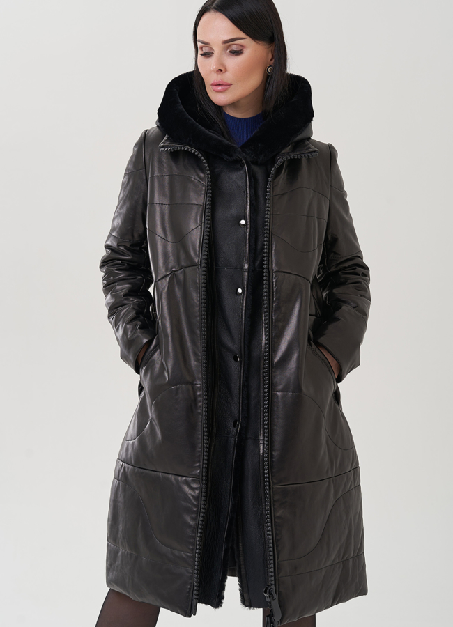 Пуховик из натуральной кожи на молнии с капюшоном модель № 19575 универмаг малина Пуховик из натуральной кожи на молнии с капюшоном модель № 19575 универмаг малина
