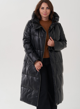 Женский пуховик из эко кожи с капюшоном