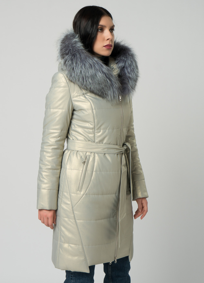 Пуховик из эко кожи с чернобуркой модель № 19073 в рассрочку