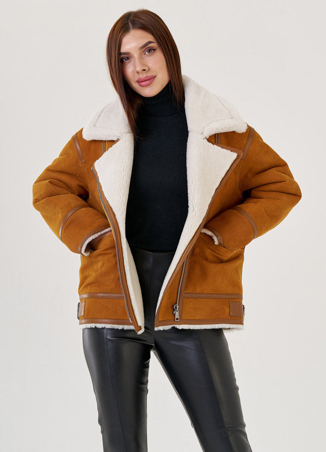 Женская дубленка косуха  модель № 23356 меха малина