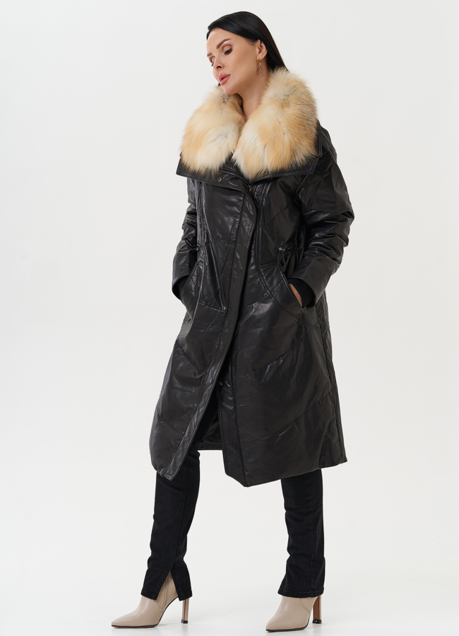 Женский кожаный пуховик с отделкой из меха лисы модель № 28110 универмаг малина