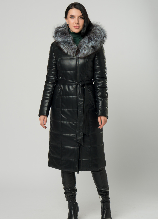 фото Длинный пуховик из эко кожи с мехом модель № 63676