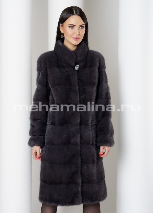 Норковая шуба поперечная в цвете графит со стойкой модель № S-780 меха малина