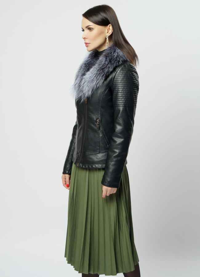 фото Куртка черная из эко кожи с отделкой чернобурка модель № 18238